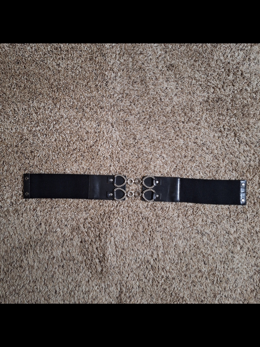 Free People Wide Black Elastic Waist Belt Beaded Silver Rings S/M